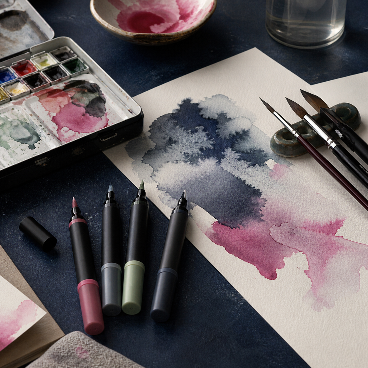 Matériel d’aquarelle, pinceaux, papier et marqueurs sur une table d’atelier
